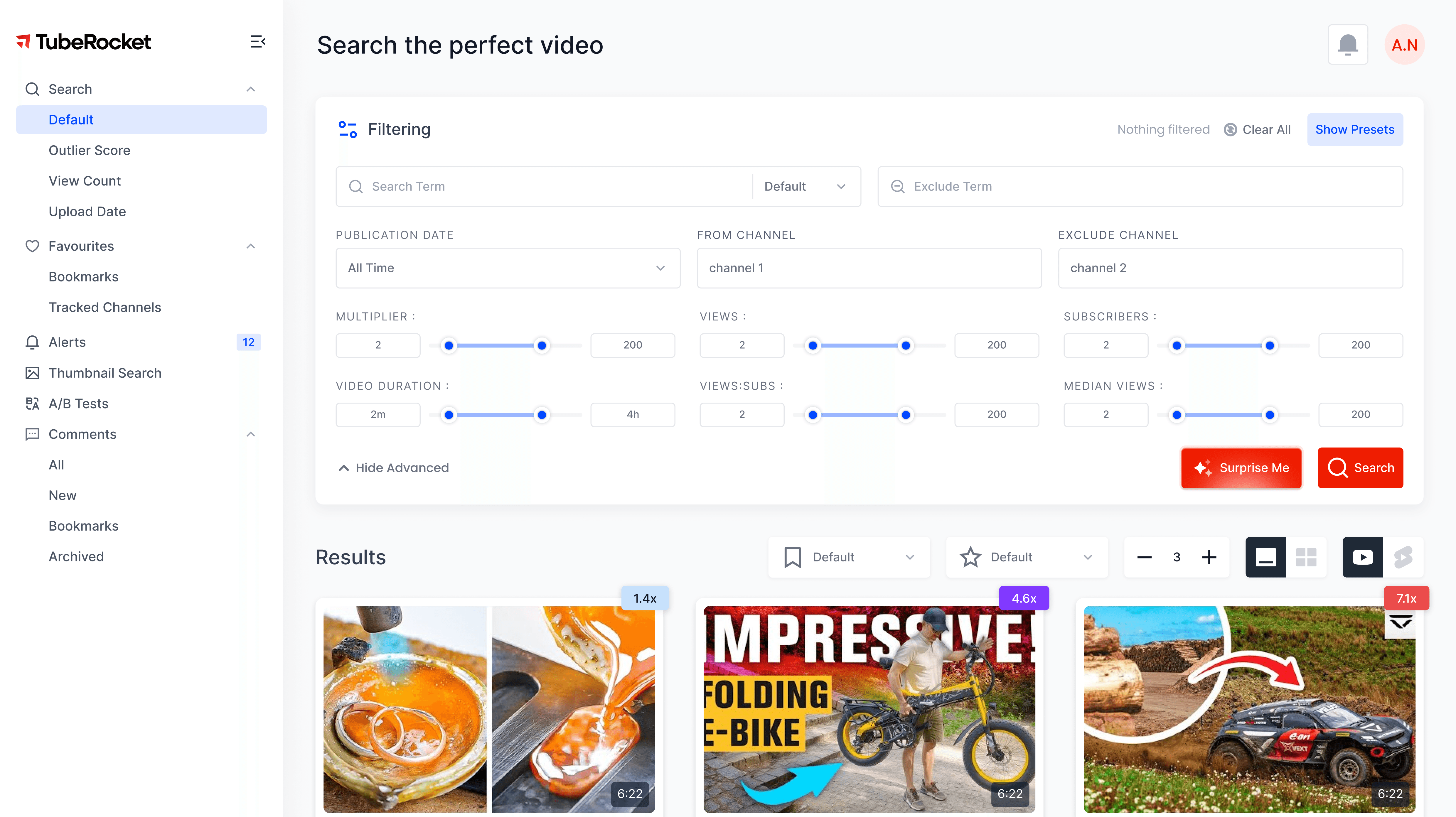 TubeRocket app interface — search the perfect video